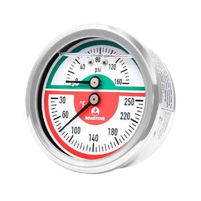 Roastove Tridicator, Thermo-Manometer, 2-1/2", Silicone Oil Filled, 0-160psi/30-250 deg F, Stainless Steel Case, 1/4"NPT Lower Mount Pressure Gauge