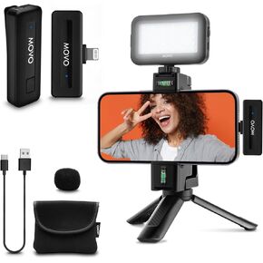 Movo VSK3 Wireless Vlogging Kit for iPhone: YouTube Starter Kit for Content Creators with Wireless Microphone, LED Light, Hand Grip & Mini Tripod - iPhone Vlogging Kit