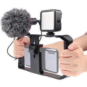 PRO U-Rig Smartphone Video Camera Cage Mount Holder Stabilizer Handle Grip with BOYA by-MM1 Microphone Mic+ 49 LED Light+ Mini Tripod Kit for Mobile Phone iPhone Filmmaking Videomaker