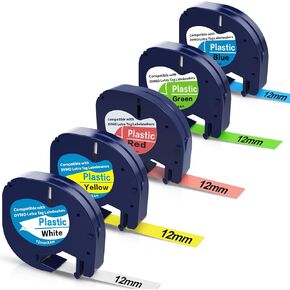 5 Pack Colored Label Tape Compatible with Dymo Letratag Refills, Replacement for Dymo Label Maker Refills 12mm x 4m(1/2" x 13') Plastic Label Refills for Dymo Letratag LT100H LT100T QX50 Label Makers