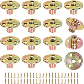 M8 Brad Hole T-Nut with Screws, Zinc Plated Carbon Steel 3-Hole T-Nuts, Insert Female Thread Mounting Fastener for Wood Furniture and DIY Project - 16 Set (64 Pieces)