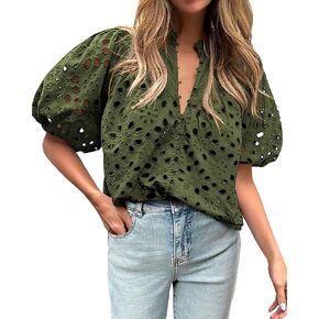 BTFBM Women's Casual Summer Blouse Tops Hollow Out Eyelet Embroidery V Neck Buttons Puff Short Sleeve Dressy Boho Shirt