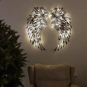 LED Angel Wing Metal Wall Art, Wrought Iron Wings Wall Sculpture, Angel Wing Neon Lights Signs, for Beer Bar, Wedding, Party, Christmas,22.8"x22.8"