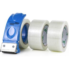 BOMEI PACK Strapping Tape 2Inch with Dispenser, Mono Fiberglass Reinforced Packing Tape with String for Shipping, 3Rolls x 5.5Mil x 35Yds, Total 105Yds