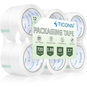 شريط التعبئة TICONN، شريط تغليف شفاف شديد التحمل 720 ياردة، شريط شحن 2.7 مل، أشرطة 1.88 بوصة × 60 ياردة للشحن والبريد والنقل (12 حزمة) in Kuwait