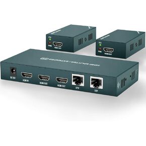 موزع موسع PWAY HDMI 1x2، 4K@60 هرتز ومرئي ثلاثي الأبعاد، يمتد بطول 200 قدم (60 مترًا) عبر كابل CAT5e/CAT6/CAT7، نقل ثنائي القناة مع 2 حلقة HDMI Out1