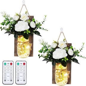 Anpro Mason Jars sconces with Lights,Decorative Mason Jar Wall Decor,Rustic Wall Sconces with 6-Hour Timer LED Fairy Lights and Flowers (2 Pack) Iron Hooks for Christmas,Halloween Decorations