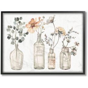 Stupell Industries Antique Floral Bouquets Flowers Glass Jar Painting Grey Framed 11 x 14