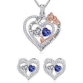 Iefil Double Birthstone Necklace and Birthstone Earrings Set