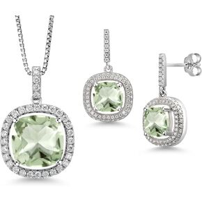 Gem Stone King 925 Sterling Silver Green Prasiolite and White Moissanite Pendant Earrings Set For Women (13.98 Cttw, Gemstone, Cushion Cut 14MM and 8MM, with 18 inch Chain)