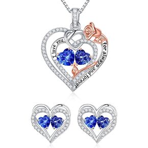 Iefil Double Birthstone Necklace and Birthstone Earrings Set