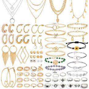 Thrilez 63 Pack of Jewelry Set for Women, Including 15 Pairs Fashion Earrings, 4 Pack Cute Necklaces, 13pc Aesthetic Bracelets/Anklets and 31pc Dainty Rings, Trending Gift for Teen Girls