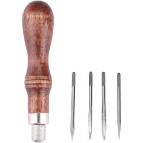 Fdit 4 in 1 Wooden Handle Leather Craft Sewing Kit Diamond Awl DIY Hole Punch Tool for Leather Sewing Hand Stitching
