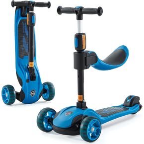 Kick Scooter Adjustable Height for Kids Ages 2-6 3 Wheel Scooter with LED Light and Extra Wide Deck ，Kids Scooter， Blue
