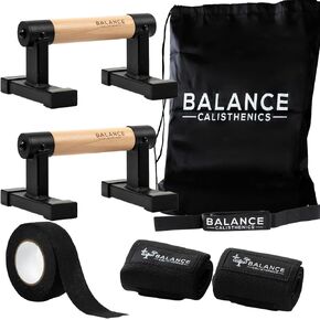 Pro Metal Wooden Parallettes Push Up Bars Bundle With Bag, Grip Tape, Wristwraps, Paralettes, Strap | Dip Bar Handles 2pcs Paralette Handstand Non-Slip Base Exercise Handle For Floor Home Workout Equipment Parallel Handstand Dips Ergonomical Perfect Pushu in Saudi Arabia