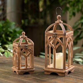 Wooden Decorative Candle Lanterns Set of 2, Indoor Rustic Hanging Candle Holder for Table Centerpiece Fireplace Mantle Shelf, 12" & 16" Farmhouse Home Decor for LED & Real Candle, Brown