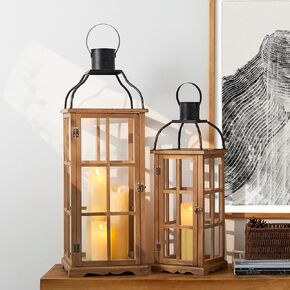 Glitzhome Farmhouse Oversized Wood Metal Lanterns Decorative Hanging Candle Lanterns Set of 2, Black (No Glass)