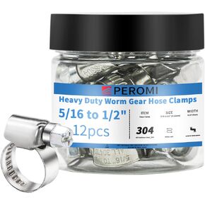 Hose Clamps, PEROMI 304 Stainless Steel Worm Gear Drive Mini Hose Clamp Adjustable Range 5/16" to 1/2", Heavy Duty Metal Fuel Line Pipe Clamp for Plumbing, Automotive And Mechanical,12pcs