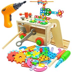 مجموعة أدوات للأطفال مع صندوق أدوات خشبي ومثقاب ألعاب إلكتروني. مجموعة أدوات للأطفال الصغار. صندوق أدوات ألعاب البناء التعليمية للأطفال in Kuwait