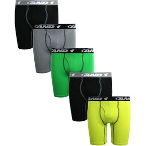 AND1 Boys' Boxer Briefs - 5 Pack Functional Fly Compression Long Leg Boxers - Performance Underwear for Boys (S-XL)