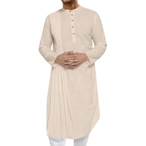Runcati Mens Kaftan Thobe Cotton Linen Henley Shirt Long Sleeve Robe Casual Muslim Gown Kurta