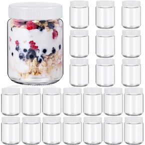 24 pcs Clear Glass Jars with Plastic Lids for Yogurt Maker Reusable Glass Mason Jars Glass Canning Yogurt Container Yogurt Jars for Greek Yogurt Machine Jam Spices Herbs Food storage (8 oz)