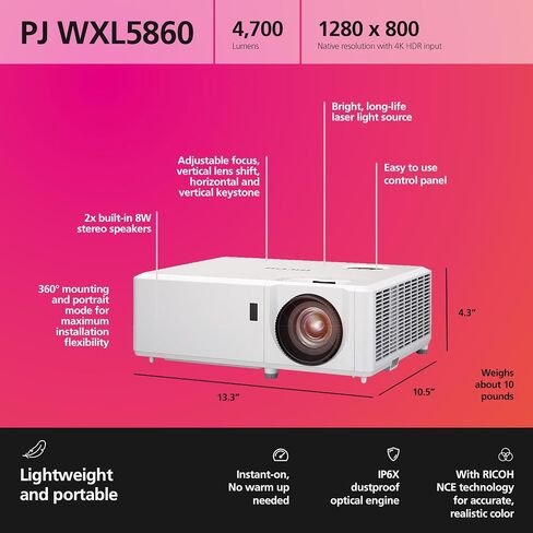 RICOH PJ WXL5860 Compact DLP Laser Projector | Bright 4,700 Lumens | Standard Throw | 30-300" Screen Size | Vertical Lens Shift | 360° Installation | Up to 20k hours | 2x 8W Stereo Speakers | 2x HDMI in Saudi Arabia