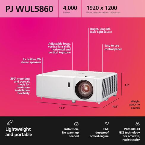 RICOH PJ WXL5860 Compact DLP Laser Projector | Bright 4,700 Lumens | Standard Throw | 30-300" Screen Size | Vertical Lens Shift | 360° Installation | Up to 20k hours | 2x 8W Stereo Speakers | 2x HDMI in Saudi Arabia
