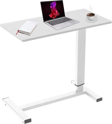 Overbed Table with Swivel Hidden Wheels Adjustable Height, Pneumatic Mobile Standing Desk Laptop Bedside Table Multi-Purpose for Home and Hospital Use (White) in Saudi Arabia