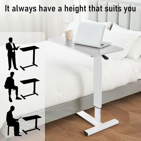 Overbed Table with Swivel Hidden Wheels Adjustable Height, Pneumatic Mobile Standing Desk Laptop Bedside Table Multi-Purpose for Home and Hospital Use (White) in Saudi Arabia