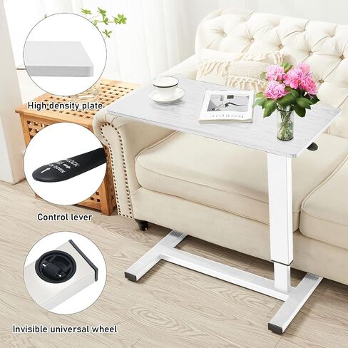 Overbed Table with Swivel Hidden Wheels Adjustable Height, Pneumatic Mobile Standing Desk Laptop Bedside Table Multi-Purpose for Home and Hospital Use (White) in Saudi Arabia
