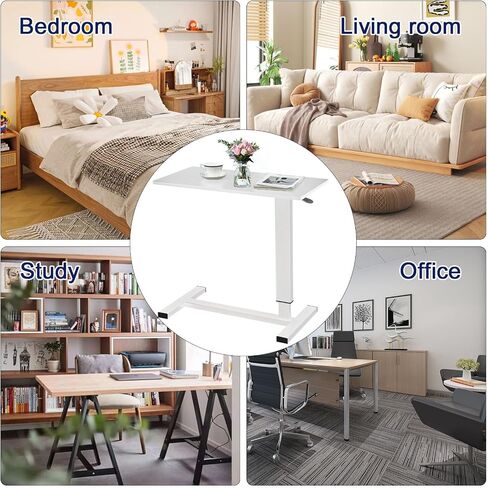 Overbed Table with Swivel Hidden Wheels Adjustable Height, Pneumatic Mobile Standing Desk Laptop Bedside Table Multi-Purpose for Home and Hospital Use (White) in Saudi Arabia