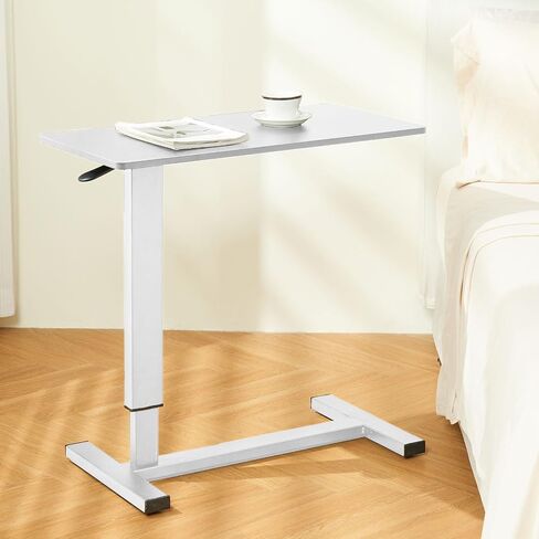 Overbed Table with Swivel Hidden Wheels Adjustable Height, Pneumatic Mobile Standing Desk Laptop Bedside Table Multi-Purpose for Home and Hospital Use (White) in Saudi Arabia