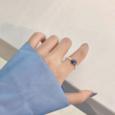 Bohemian Pearl Ring Pearl Beaded Stackable Ring Red Nature Stone Finger Ring Nature Stone Bead Elastic Ring Handmade Stacking Ring for Women and Girls Gifts (Red) in Kuwait