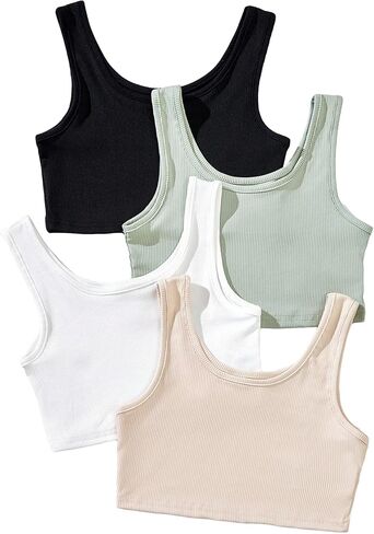 Milumia Girl's 4 Pack Ribbed Knit Scoop Neck Sleeveless Casual Basic Crop Tank Tops in Saudi Arabia