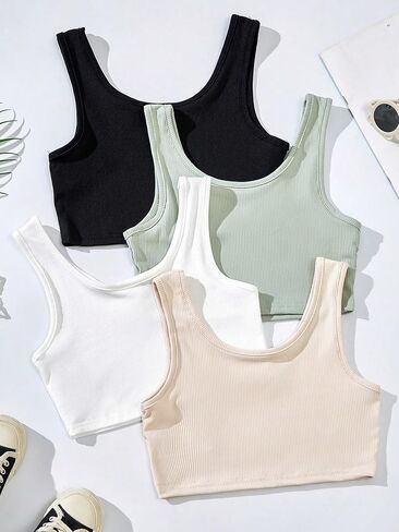 Milumia Girl's 4 Pack Ribbed Knit Scoop Neck Sleeveless Casual Basic Crop Tank Tops in Saudi Arabia
