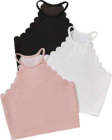 Milumia Girl's 3 Pack Solid Scallop Trim Halter Crop Top Summer Sleeveless Cami Tank Tops in Saudi Arabia