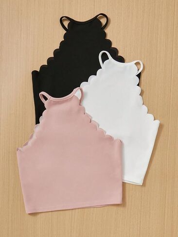 Milumia Girl's 3 Pack Solid Scallop Trim Halter Crop Top Summer Sleeveless Cami Tank Tops in Saudi Arabia