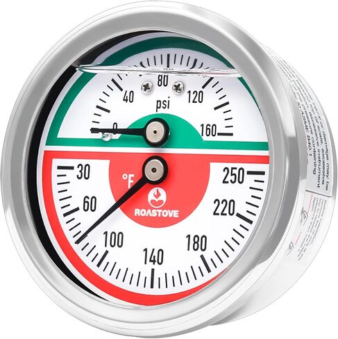 Roastove Tridicator، مقياس الضغط الحراري، 2-1/2 بوصة، مملوء بزيت السيليكون، 0-160 رطل لكل بوصة مربعة/30-250 درجة فهرنهايت، علبة من الفولاذ المقاوم للصدأ، مقياس ضغط منخفض للتركيب 1/4 بوصة NPT in Kuwait