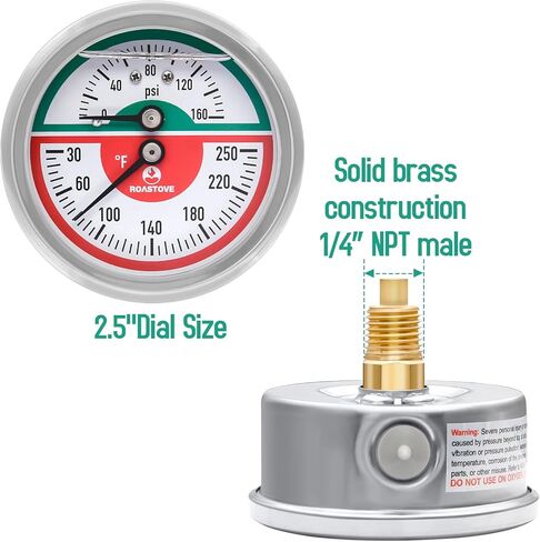 Roastove Tridicator، مقياس الضغط الحراري، 2-1/2 بوصة، مملوء بزيت السيليكون، 0-160 رطل لكل بوصة مربعة/30-250 درجة فهرنهايت، علبة من الفولاذ المقاوم للصدأ، مقياس ضغط منخفض للتركيب 1/4 بوصة NPT in Kuwait