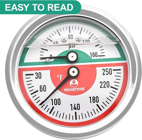 Roastove Tridicator، مقياس الضغط الحراري، 2-1/2 بوصة، مملوء بزيت السيليكون، 0-160 رطل لكل بوصة مربعة/30-250 درجة فهرنهايت، علبة من الفولاذ المقاوم للصدأ، مقياس ضغط منخفض للتركيب 1/4 بوصة NPT in Kuwait
