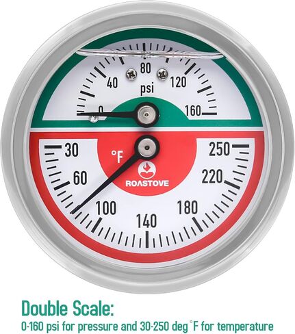 Roastove Tridicator، مقياس الضغط الحراري، 2-1/2 بوصة، مملوء بزيت السيليكون، 0-160 رطل لكل بوصة مربعة/30-250 درجة فهرنهايت، علبة من الفولاذ المقاوم للصدأ، مقياس ضغط منخفض للتركيب 1/4 بوصة NPT in Kuwait
