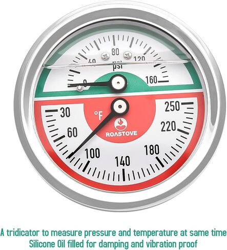 Roastove Tridicator، مقياس الضغط الحراري، 2-1/2 بوصة، مملوء بزيت السيليكون، 0-160 رطل لكل بوصة مربعة/30-250 درجة فهرنهايت، علبة من الفولاذ المقاوم للصدأ، مقياس ضغط منخفض للتركيب 1/4 بوصة NPT in Kuwait