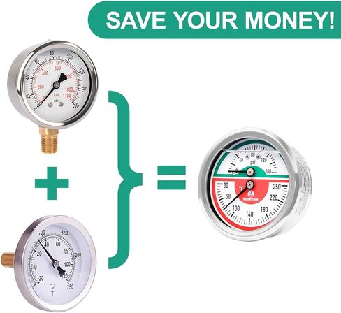 Roastove Tridicator، مقياس الضغط الحراري، 2-1/2 بوصة، مملوء بزيت السيليكون، 0-160 رطل لكل بوصة مربعة/30-250 درجة فهرنهايت، علبة من الفولاذ المقاوم للصدأ، مقياس ضغط منخفض للتركيب 1/4 بوصة NPT in Kuwait