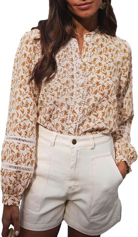 Astylish Womens Floral Printed Mock Neck Shirt Button Down Eyelet Blouse Tops in Saudi Arabia