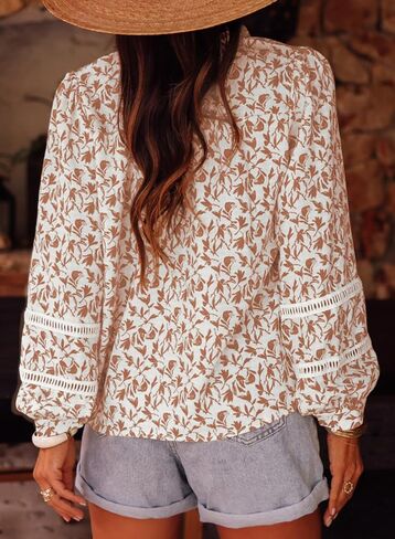 Astylish Womens Floral Printed Mock Neck Shirt Button Down Eyelet Blouse Tops in Saudi Arabia