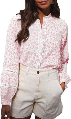 Astylish Womens Floral Printed Mock Neck Shirt Button Down Eyelet Blouse Tops in Saudi Arabia