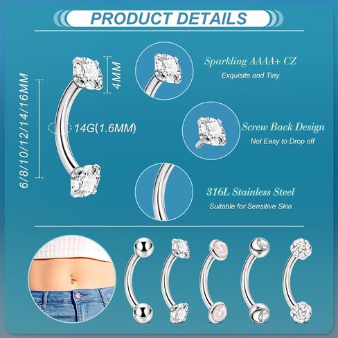 5PCS 14G 316L Stainless Steel Small Belly Button Rings for Women Girls Tiny Simple Internally Threaded Navel Rings Hypoallergenic Petite CZ Opal Eyebrow Lip Daith Rook Piercing Jewelry 6-16MM in Saudi Arabia