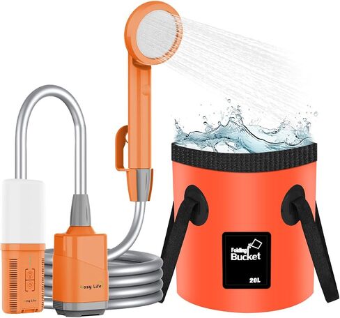 Cosy Life Portable Shower for Camping, Rechargeable Camping Shower Pump with 5 Gallons Collapsible Bucket & LED Light, Electric Outdoor Camp Shower Portable Shower Pump Camping Hiking (5.9 ft Hose) in Saudi Arabia