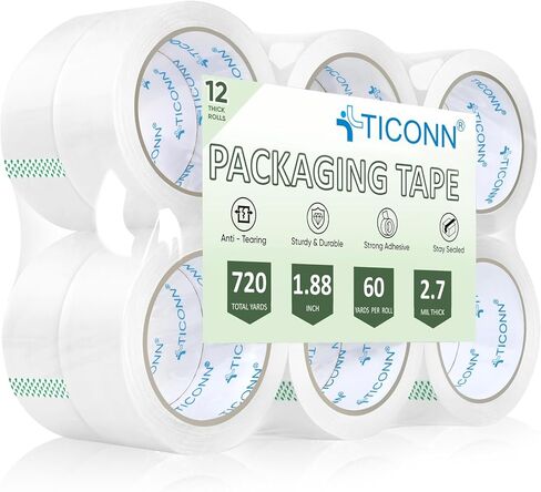 شريط التعبئة TICONN، شريط تغليف شفاف شديد التحمل 720 ياردة، شريط شحن 2.7 مل، أشرطة 1.88 بوصة × 60 ياردة للشحن والبريد والنقل (12 حزمة) in Kuwait